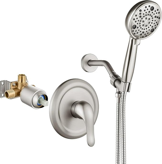 Aolemi Shower Faucet Set Rain Shower Head System Shower Trim Kit Pressure Rough-in Valve Included ABS 8 Setting Single Handheld Spray Brushed Nickel