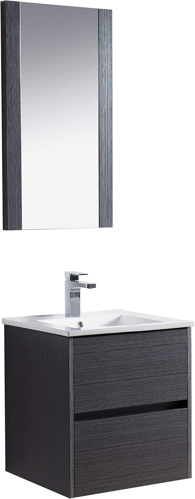 Blossom Single Bathroom Vanity with Ceramic Sink and Mirror | All Wood Floating Vanity Cabinet | 2 Soft-Closing U-Shaped Cutout Drawers | 20" w/Ceramic Sink and Mirror, Silver Grey