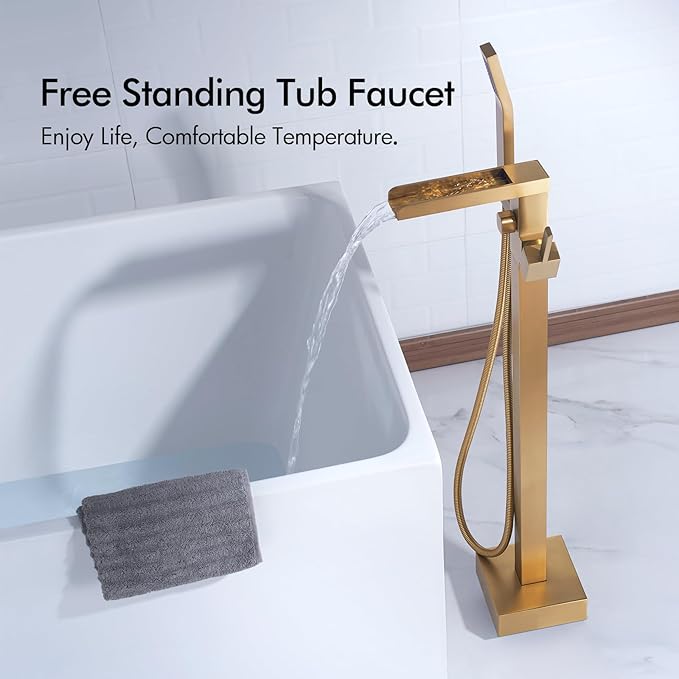 BAGNOLUX Solid Brass Floor Mount Bathtub Faucet Free Standing Tub Faucet Freestanding Tub Filler Brushed Brass High Flow Rate Swivel Spout with Hand Shower, YGSLT-Waterfall Brushed Gold