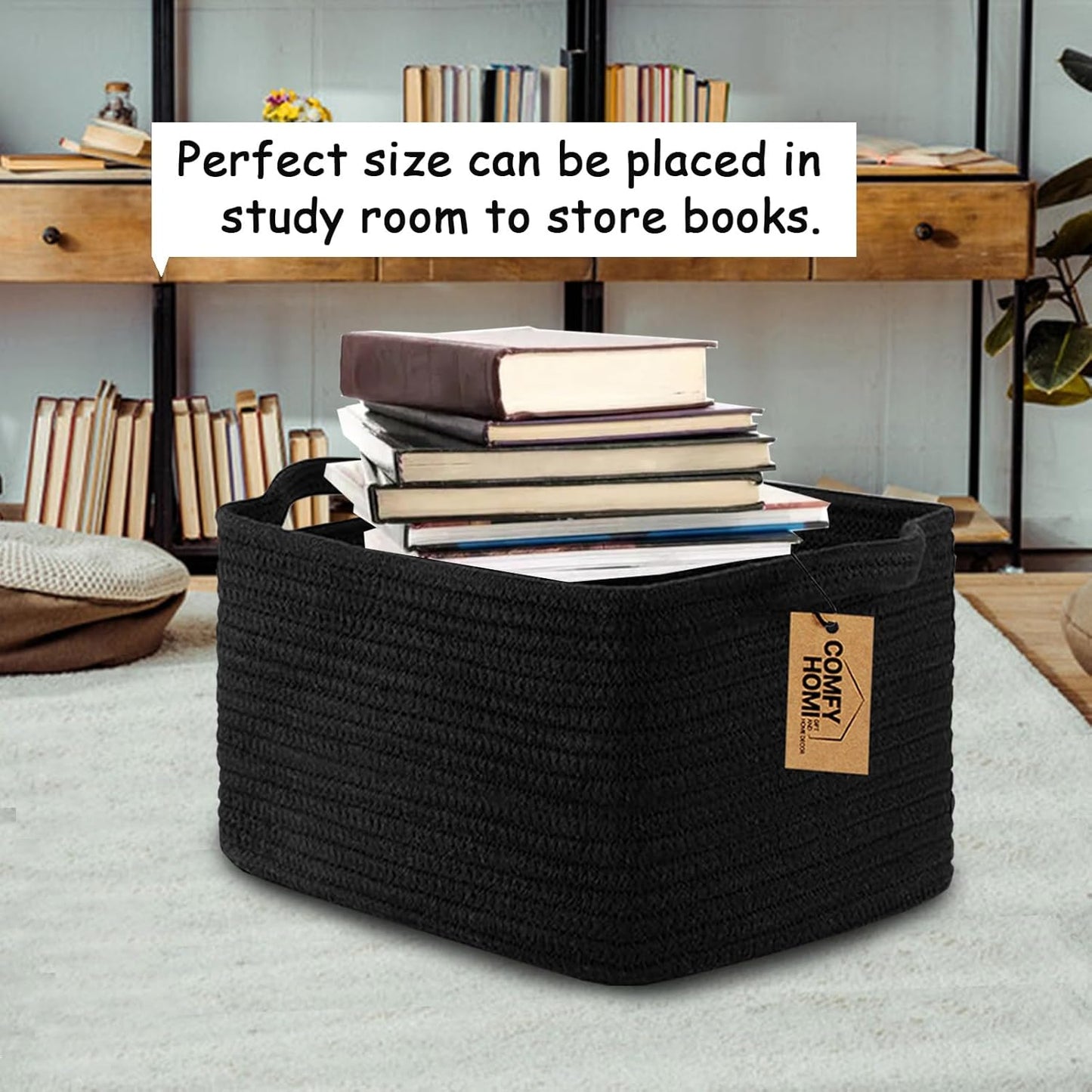 COMFY-HOMI Storage Basket for Shelves, Woven Baskets for Storage, Cotton Rope Basket,Toy Storage Organizer, Storage Cube Bin, Organization and Storage, Towel Baskets for Gift Empty, All Black