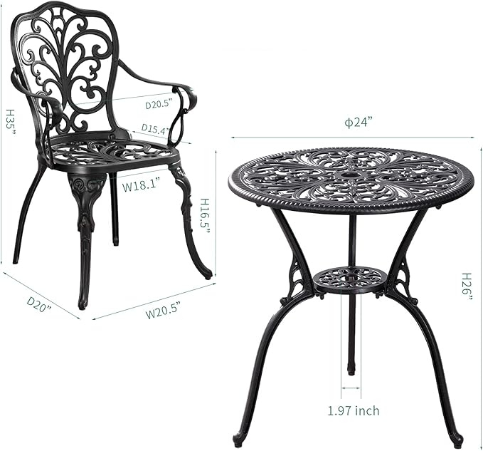 3 Piece Patio Bistro Set Cast Aluminum Bistro Table and Chairs Set of 2 with Umbrella Hole,All Weather Metal Bistro Table Set,Outdoor Patio Furniture Set for Garden(Butterfly Black)