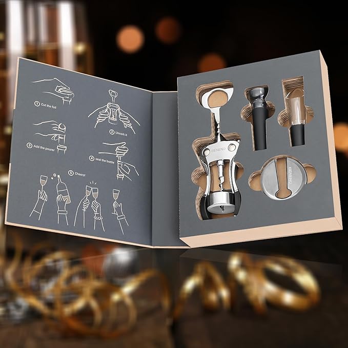 Wine Opener Gift Set Premium Wing Corkscrew Wine Bottle Opener with Multifunctional Bottles Opener, Wine Foil Cutter, Wine Vacuum Stopper, Wine Aerator Pourer Upgrade for Wine Lovers Man Woman, Silver
