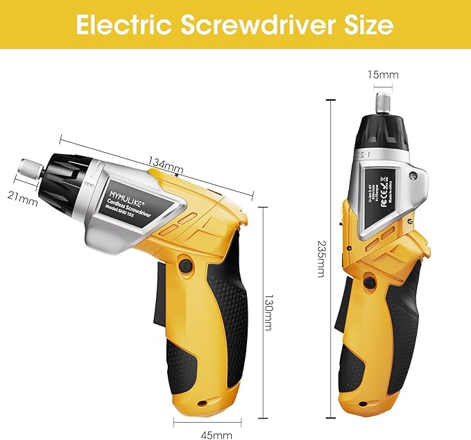 Electric Screwdriver Cordless Set, 3.6V Power Screwdriver Rechargeable with Light, Yellow Screw Gun with Pivoting Handle and Drill, 49 Pcs Accessories, 6+1 Torque Setting, 2000 mAh Battery