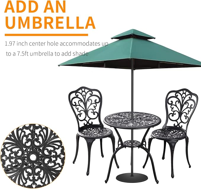 Patio Bistro Set 3 Piece Outdoor,Cast Aluminum Outdoor Bistro Table and Chair Set of 2 with 1.97" Umbrella Hole,All Weather Bistro Table Set for Front Porch Set(Butterfly Black)