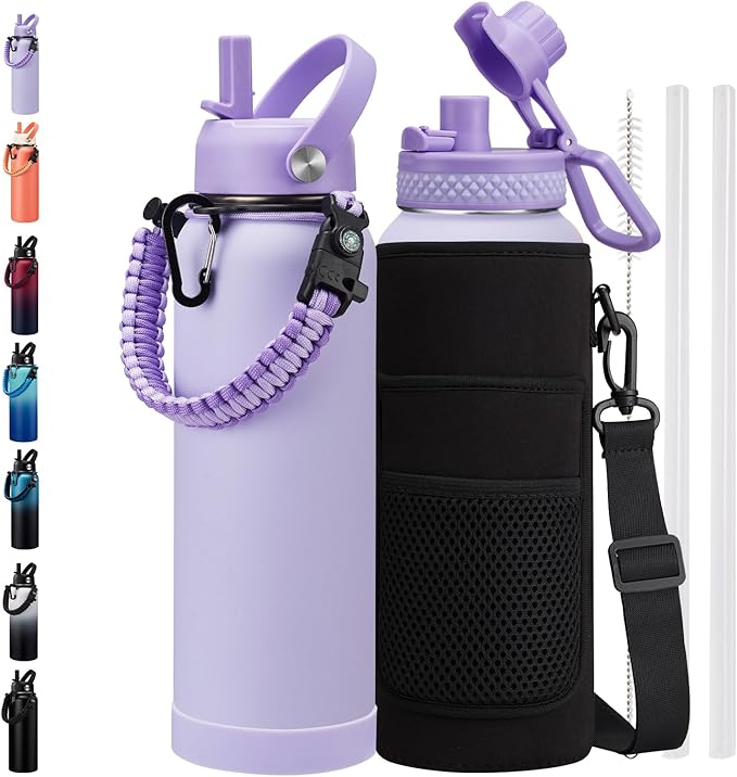 Insulated Water Bottle 40oz - Triple Wall Metal Water Bottle with Straw & Spout Lid, Paracord Handle, Bottle Carrier Bag, Water Bottles Stainless Steel 40 oz