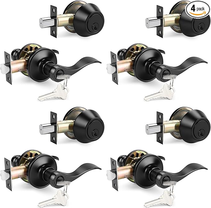 Probrico Front Door Entry Lever Lockset, Single Cylinder Deadbolt Combination Set, Flat Black Finish Keyed Alike Combo, Reversible for Right and Left Side 4Pack