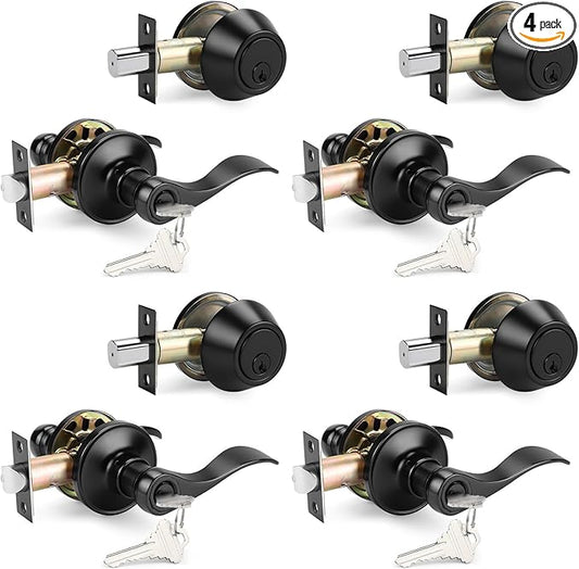 Probrico Front Door Entry Lever Lockset, Single Cylinder Deadbolt Combination Set, Flat Black Finish Keyed Alike Combo, Reversible for Right and Left Side 4Pack