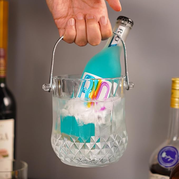 Glass Ice Bucket with Handle and Ice Tong Clear Crystal Ice Buckets for Cocktail Bar Wine Home Bar Accessories Parties Clear Champagne Bucket