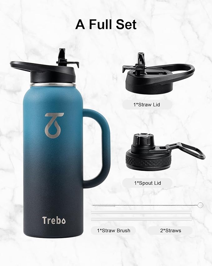 Trebo 40oz Water Bottle Insulated with Handle, Stainless Steel Metal Large Jug,Travel Flask with Straw Spout Lid,Mug Tumbler Cup with Carry Pouch,Keep Cold Hot, Indigo Black