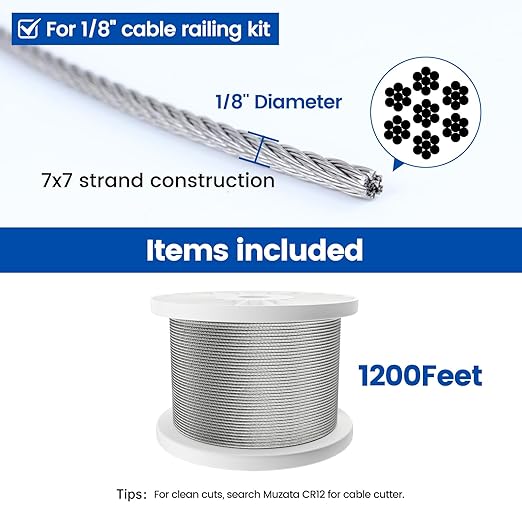 Muzata 1200 ft 1/8" Stainless Steel Cable Railing System Hardware T316 Stainless Steel Wire Rope 7x7 Strands 1800 lb Breaking Strength Deck Cable Railing Kit for Indoor Outdoor Coastal WR02
