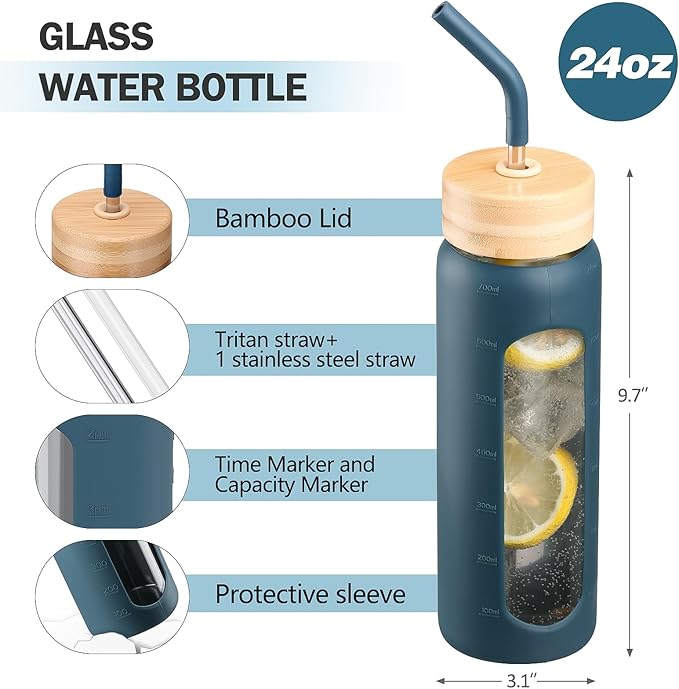 Glass Water Bottles with Straw -24oz- Water Bottle Phone Holder for Gym Sports Water Bottles with Silicone Sleeve Glass Drinking Bottles 2 Lids - Spout & Bamboo Straw Lid(Dark Blue)