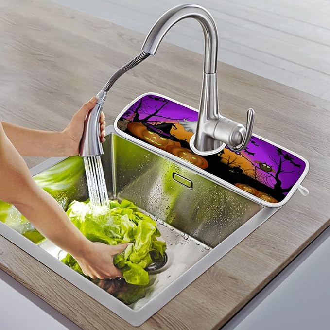 Happy Halloween Purple Faucet Sink Mat for Kitchen 2 Pack Spooky Ghost Pumpkin Bat Witch Bathroom Drying Mat Absorbent Splash Water Catcher Mats Microfiber Cloth Drip Protector Splash Pad 30x5 Inches