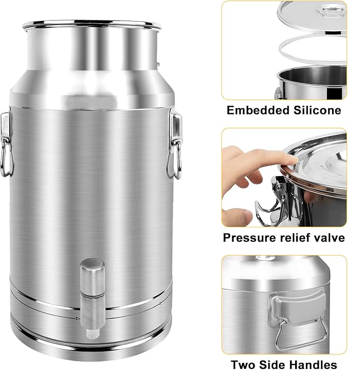 304 Stainless Steel Milk Can，35L Milk Bucket Wine Pail Bucket 9.25 Gallon Milk Can Tote Jug with Sealed Lid Heavy Duty for Milk and Wine Liquid Storage