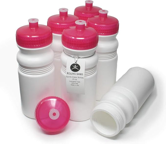 Rolling Sands 20 Ounce Sports Water Bottles 6 Pack, BPA-Free, Made In USA, Dishwasher Safe, White Bottles/Pink