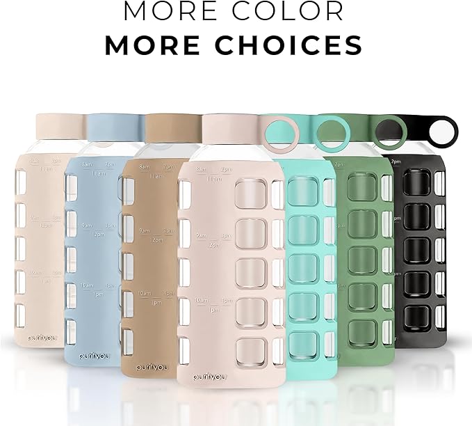 purifyou Premium 40/32 / 22/12 oz Glass Water Bottles with Volume & Times to Drink, Silicone Sleeve & Stainless Steel Lid Insert, Reusable Bottle for Fridge Water, Milk, Juice (22oz Hazelnut)