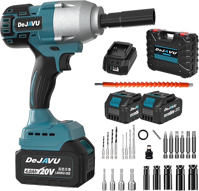 Cordless Impact Wrench,590 Ft-lbs Brushless Impact Wrench Kit, 3000RPM High Torque 1/2 Impact Gun, Two 4.0Ah Li-ion battery with fast charger, 6 Impact sockets, drill chuck, Electric drill set