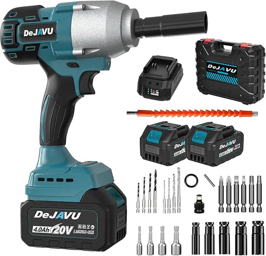 Cordless Impact Wrench,590 Ft-lbs Brushless Impact Wrench Kit, 3000RPM High Torque 1/2 Impact Gun, Two 4.0Ah Li-ion battery with fast charger, 6 Impact sockets, drill chuck, Electric drill set