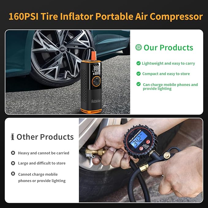 Tire Inflator Portable Air Compressor,160 PSI Air Pump for Car Tires with Digital Pressure Gauge Can Charge Mobile Phone, One Click Smart Pump Tire Inflator with LED Light, for Motorcycle, Bicycle
