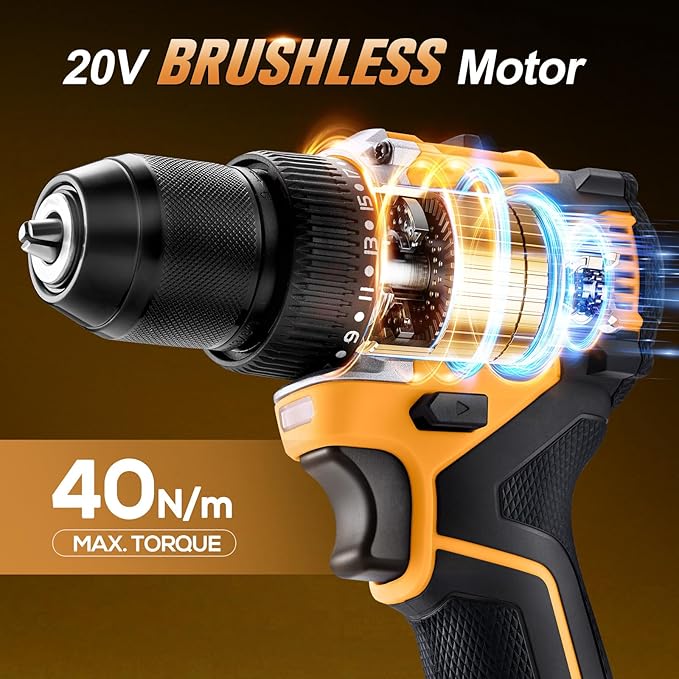 20V Brushless Cordless Lithium-Ion Drill Set, Compact Design, Yellow Rechargeable Lithium-Ion Drill Kit, including 2.0Ah Battery, Charger and 3/8-inch Keyless Chuck