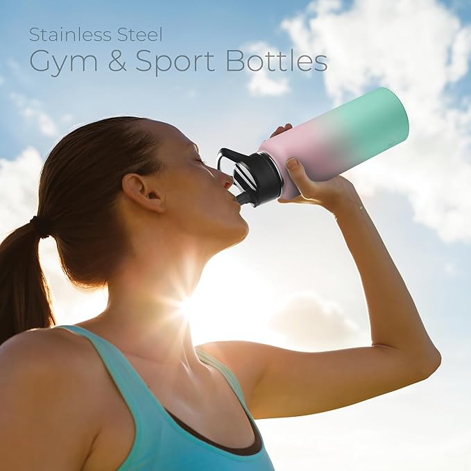 SipX™ Triple-Insulated Stainless Steel Water Bottle 40oz. With 3 Lids, BPA-Free Reusable Insulated Water Bottle Keeps Cold 24 Hours, Metal Water Bottle Made Of Sustainable Material For Hiking & Biking