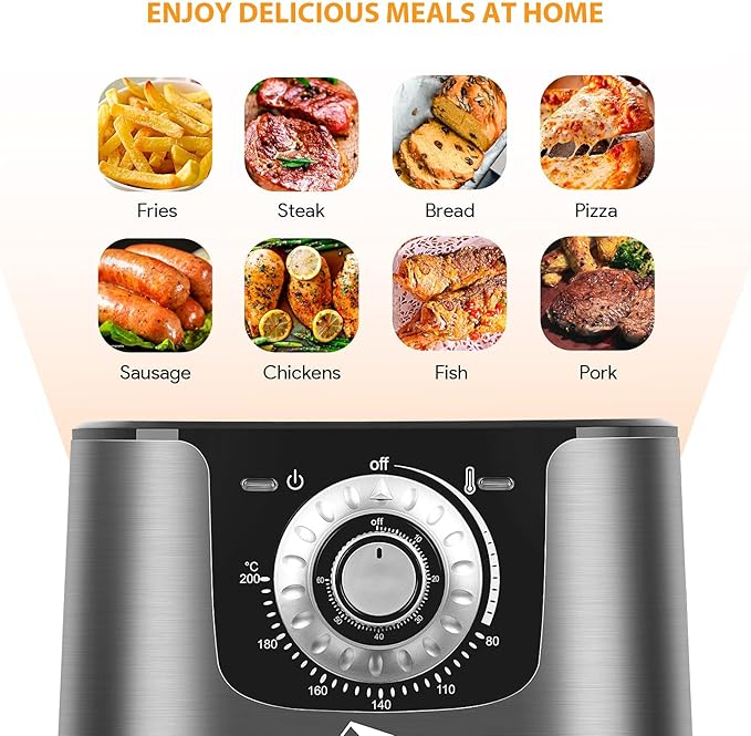 Uten 5.8 Quart Air Fryer, 1700W Hot Oven Oilless Cooker,Non-Stick Fry Basket, Manual Air Fryer with Timer Knob and Temperature Knob, Black