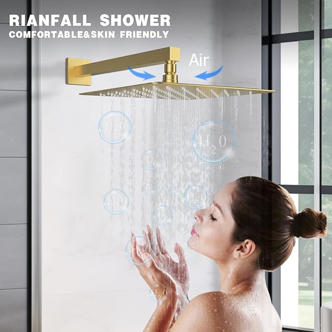 Brushed Gold Shower System, STARBATH 12 inch Rainfall Shower Head with Handheld Combo Set, Push Button Diverter 2 Functions Simultaneous Use, Bathroom Shower Faucet Set Rough in Valve Body and Trim