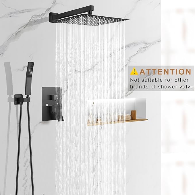 JOMEOO® 12 Inch Matte Black Shower System, Wall Mounted High Pressure Rain Shower Head with Handheld Sprayer, Bathroom Luxury Black Shower Head Shower Faucet Set Rough in Valve Body and Trim