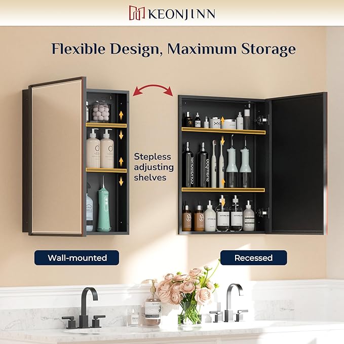 Keonjinn 17" x 25" Medicine Cabinets with Mirror for Bathroom, Oil Rubbed Bronze Recessed or Surface Wall-Mounted Aluminum Alloy Framed Beveled Mirror, Farmhouse Bathroom Mirror with Storage Cabinet
