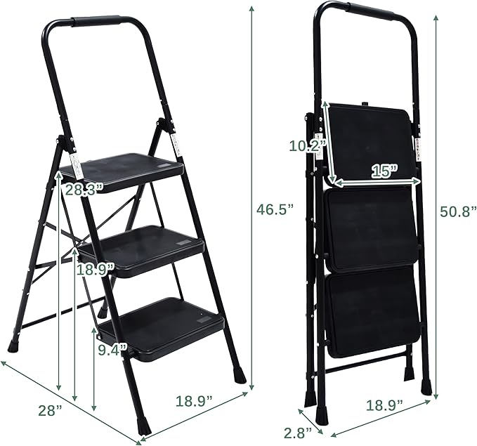 Wiberwi 3 Step Ladder Folding Step Stool for Adults with Top Handrail 330 Lbs Capacity, Lightweight & Portable Step 3 Stool Ladders with Wide Pedal for Home Kitchen Sturdy Steel Frame Black