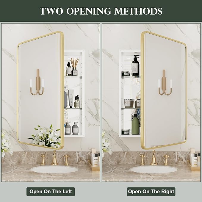 WallBeyond Bathroom Medicine Cabinet with Mirror, 24x36 Inch Gold Recessed Medicine Cabinet with Round Corner Aluminum Alloy Metal Framed, Single Door Modern Mirror Cabinet with Storage