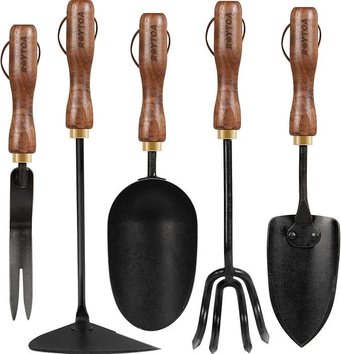 Garden Tool Set, 5PCS Gardening Tools, Stainless Steel Heavy Duty Hand Cultivator, Hoes, Shovel, Trowel and Weeder with Ergonomic Walnut Handle, Gardening Gifts for Women