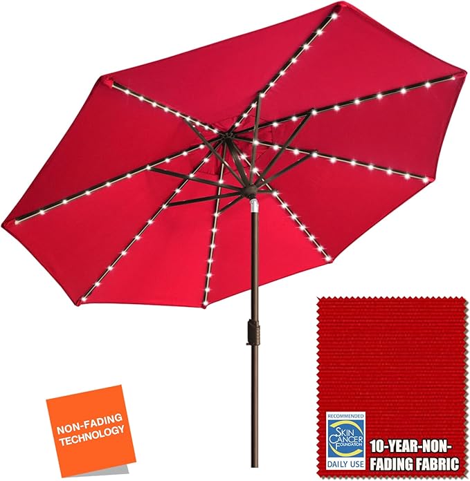 EliteShade USA 10-Year-Non-Fading Solar 9ft Market Umbrella with 80 LED Lights Patio Umbrellas Outdoor Table Umbrella with Ventilation, Logo Red