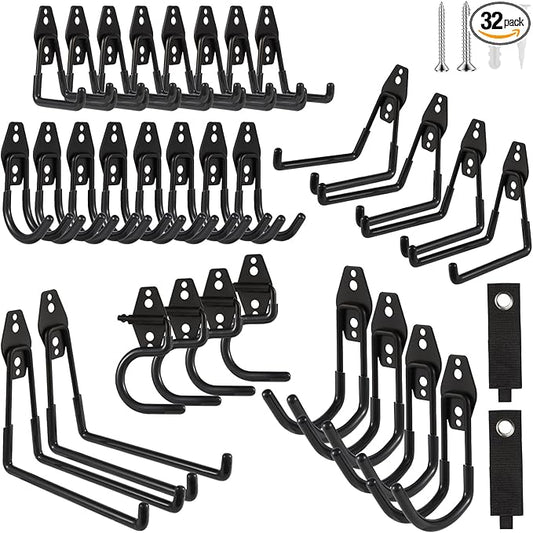 Garage Hook Heavy Duty Wall Storage Hangers, 32 Pack Garage Storage Hooks Steel Tool Black for Ladders, Ropes, Garden Tools