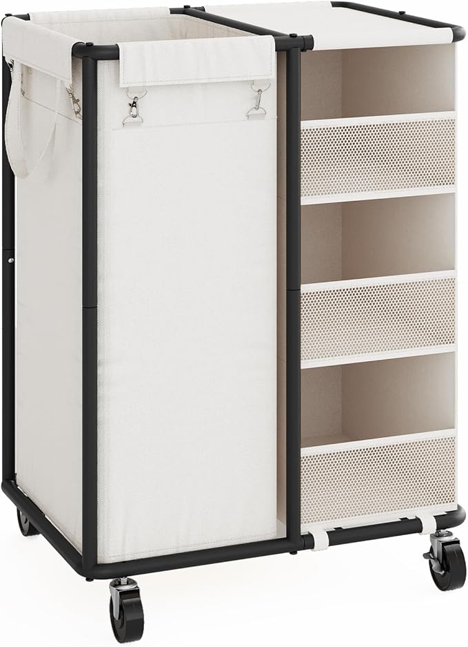 WOWLIVE Laundry Sorter with Wheels 100L Rolling Laundry Hamper with Hanging and Removable Bag Laundry Cart with Steel Frame and Storage Unit Large Basket Organizer for Dorm Room, Bathroom (Beige)