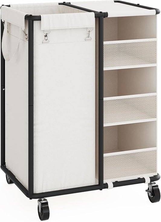 WOWLIVE Laundry Sorter with Wheels 100L Rolling Laundry Hamper with Hanging and Removable Bag Laundry Cart with Steel Frame and Storage Unit Large Basket Organizer for Dorm Room, Bathroom (Beige)