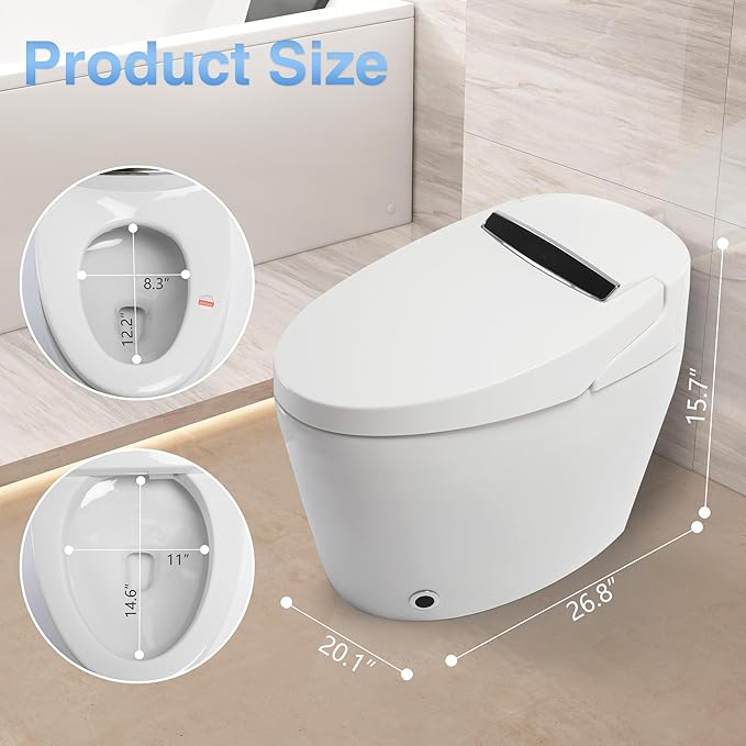 Smart Toilet, Heated Toilet Seat with Nightlight, One Piece Toilet for Bathroom, Tankless Toilets for Bathroom with Foot Sensor, LED Display, Warm Water and Dry, Remote Control
