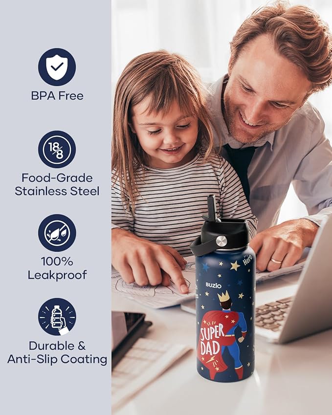Father's Day Gifts for Dad, Funny Birthday Gift 32oz BUZIO Insulated Water Bottle with Straw Lid Stainless Steel Dad Tumbler from Son, Cold for 48hrs Double Wall Vacuum Thermo Canteen Cup, Hero