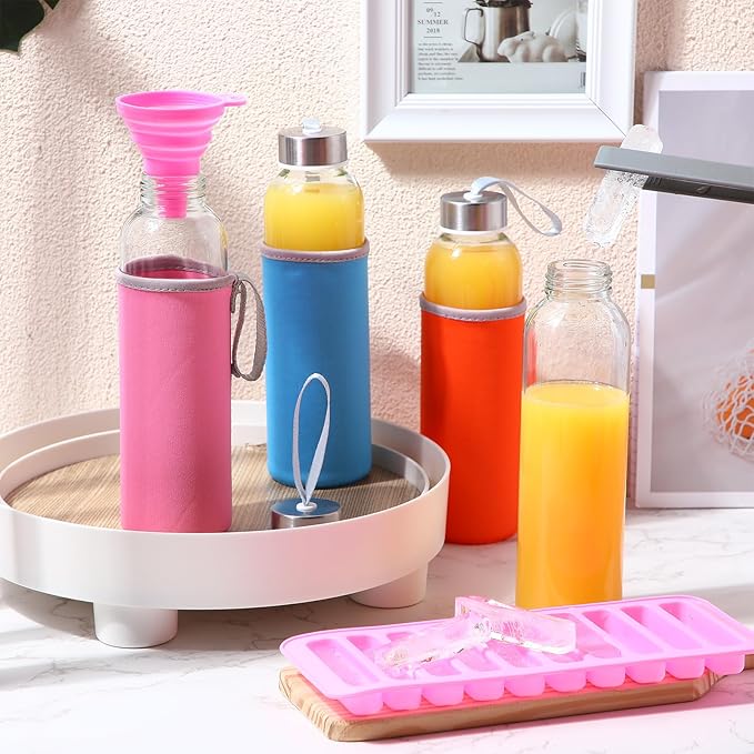 Vesici 12 Set 18 oz Clear Glass Water Bottles with Lids Reusable Glass Juicing Bottles with Colorful Protection Sleeve and Stainless Steel Leak Proof Lids for Milk Smoothie Juice Beverage Tea