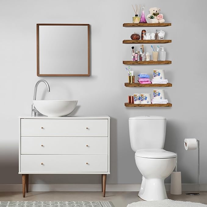 Sorbus Floating Shelves for Wall, Bathroom Shelves Wall Mounted for Kitchen, Bedroom, Living Room, Bathroom Storage, Over Toilet, Hanging Book Shelf for Ｗall Home Decor (Rustic Brown, 5 Pack)