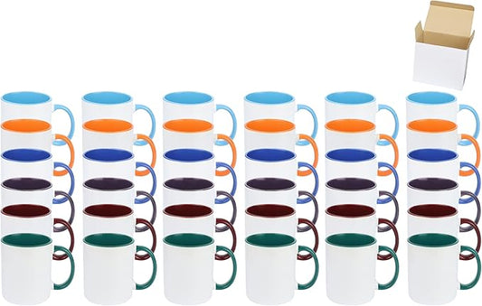 11oz White Ceramic Sublimation Coffee Mug in White Gift Box, 6 New Mixed Colors, Case of 36