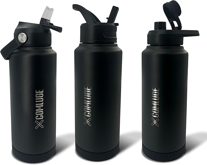 Black 32 oz insulated water bottle with straw stainless steel water bottle,double wall,leak proof water bottles with 3 lids,travel,gym mens water bottle (Black, 32oz)