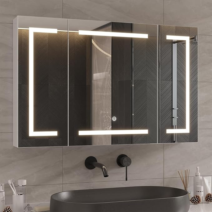 DICTAC Medicine Cabinet with Mirror and LED Light, Wall Mounted Bathroom Mirror with Storage, 2 Doors Bathroom Wall Cabinet, Memory Dimmable 3 Color Temp, Adjustable Shelves, 39.4''x23.6''
