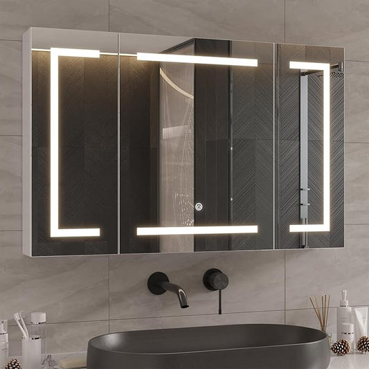 DICTAC Medicine Cabinet with Mirror and LED Light, Wall Mounted Bathroom Mirror with Storage, 2 Doors Bathroom Wall Cabinet, Memory Dimmable 3 Color Temp, Adjustable Shelves, 39.4''x23.6''