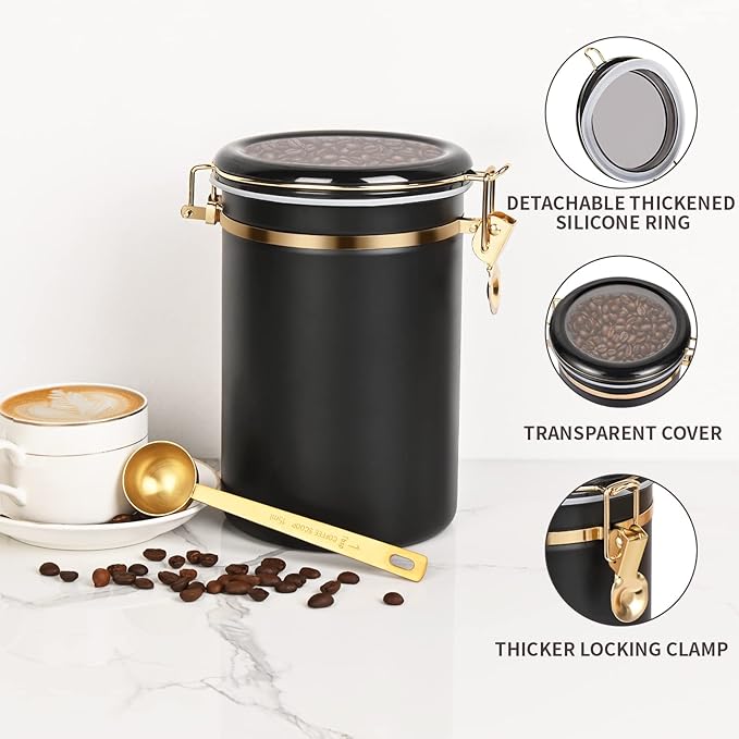 Yangbaga 304 Stainless Steel Coffee Canisters for Ground Coffee,2 x 63OZ Coffee Container with Shelf Coffee Bean Storage, Food Storage Jar with Gold Airtight Locking Clamp and Spoon for Kitchen