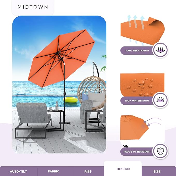 Midtown Umbrellas 10-Year-No-Fade - 10 Ft - UV Proof Bright Orange Polyester Fabric - Umbrella Outdoor Patio, Aluminum Frame Large Patio Umbrella for Garden, Pool & Deck - Black Pole