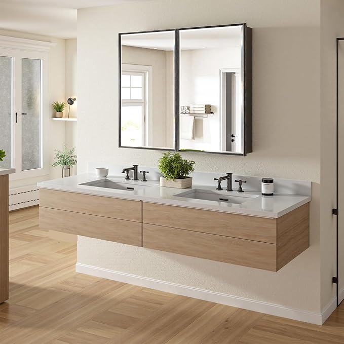 40x30 Inch Black Medicine Cabinet Mirror, Surface or Recessed Large Framed Medicine Cabinet with 2 Beveled Mirror Door & Adjustable Shelves,Shatterproof, Full-Assembled Storage Wall Cabinet