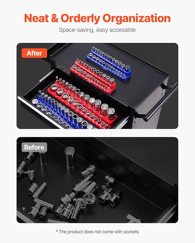 VEVOR Magnetic Socket Organizer Set, 4PCS Magnetic Socket Holder, 1/4'' & 3/8'' Metric SAE Socket Trays with Clear Labels, Hold up to 108PCS Standard & Deep Sockets, Blue & Red (Sockets Not Included)
