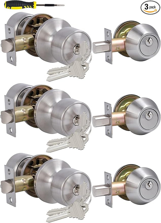 Lanwandeng 3 Sets Keyed Alike Entry Door Knobs and Single Cylinder Deadbolt Lock Combo Set Security for Entrance and Front Door, All Keyed Same Door Lock with Classic Satin Nickel Finish
