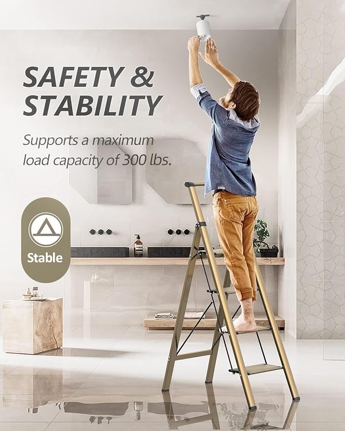 4 Step Ladder, Folding Step Stool with Anti-Slip Wide Sturdy Pedal and Handgrip, Portable Lightweight Aluminum Stepladder, 300 lbs Capacity, Multi-Use for Home, Library - Brown Gold