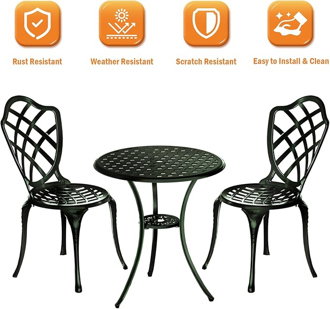 3 Piece Patio Bistro Set, Outdoor Bistro Table and Chairs Set of 2 w/Umbrella Hole, Rust-Resistant Cast Aluminum Bistro Set for Garden/Balcony/Backyard, Green